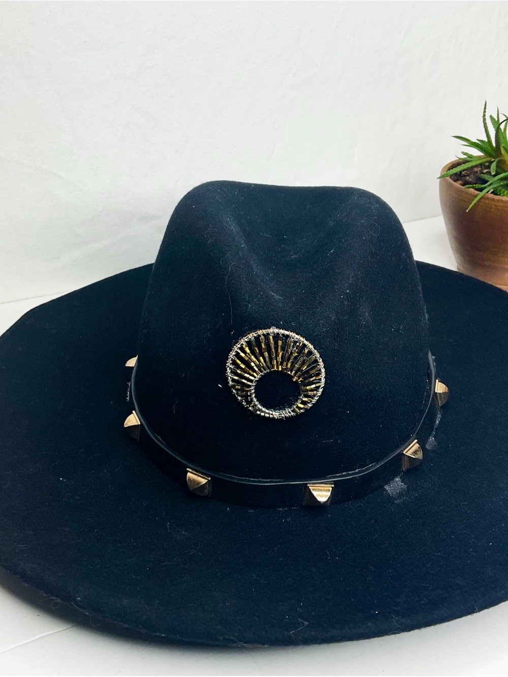 Wool Black Wide Brim Fedora Hat with Gold Studs